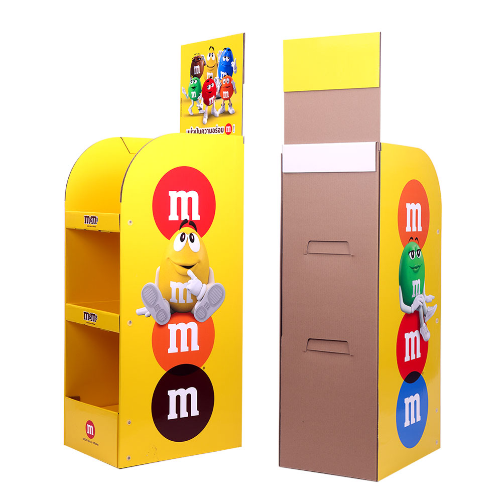 深圳工厂定制M豆巧克力零食糖果展示架，纸板展示架，落地式三层纸展架