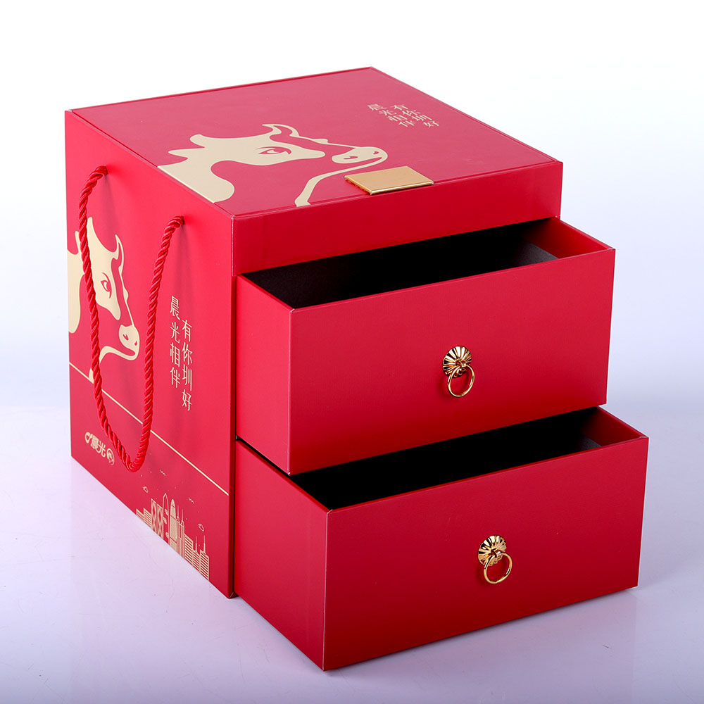 定制红色双层纸质文具产品抽屉包装盒